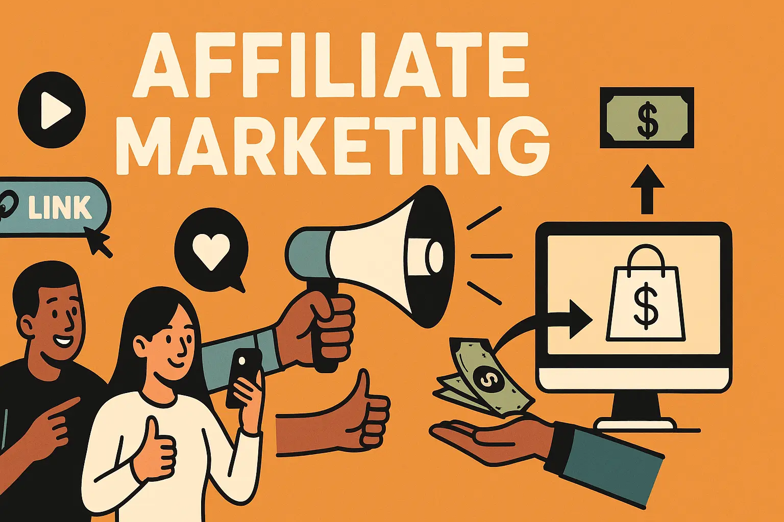 تصویر گرافیکی مفهومی از افیلیت مارکتینگ؛ شامل آیکون افراد، لینک، کامپیوتر، سبد خرید و نماد درآمد کمیسیونی در سبک فلت و افقی.