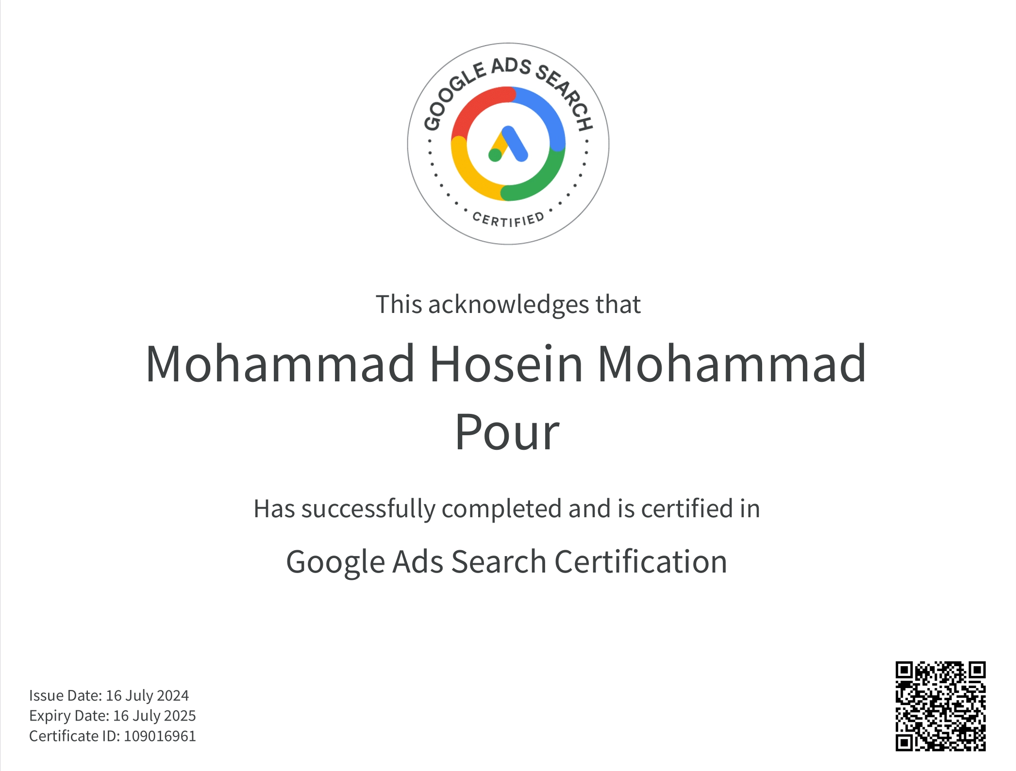 مدرک Google ads Search certification محمد حسین محمدپور