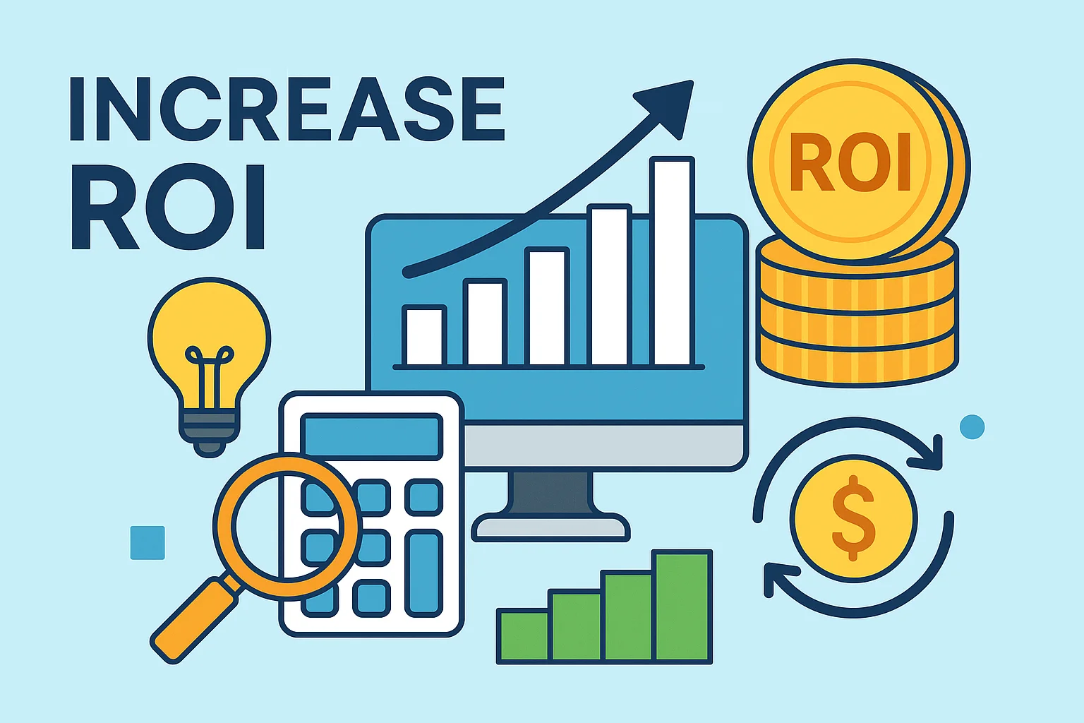 این تصویر مفهومی با المان‌های گرافیکی، فرایند افزایش ROI در بازاریابی را با نمودار رشد، تحلیل داده و عناصر مالی نشان می‌دهد؛ مناسب برای مقالات ROI، بازاریابی و بهینه‌سازی عملکرد.