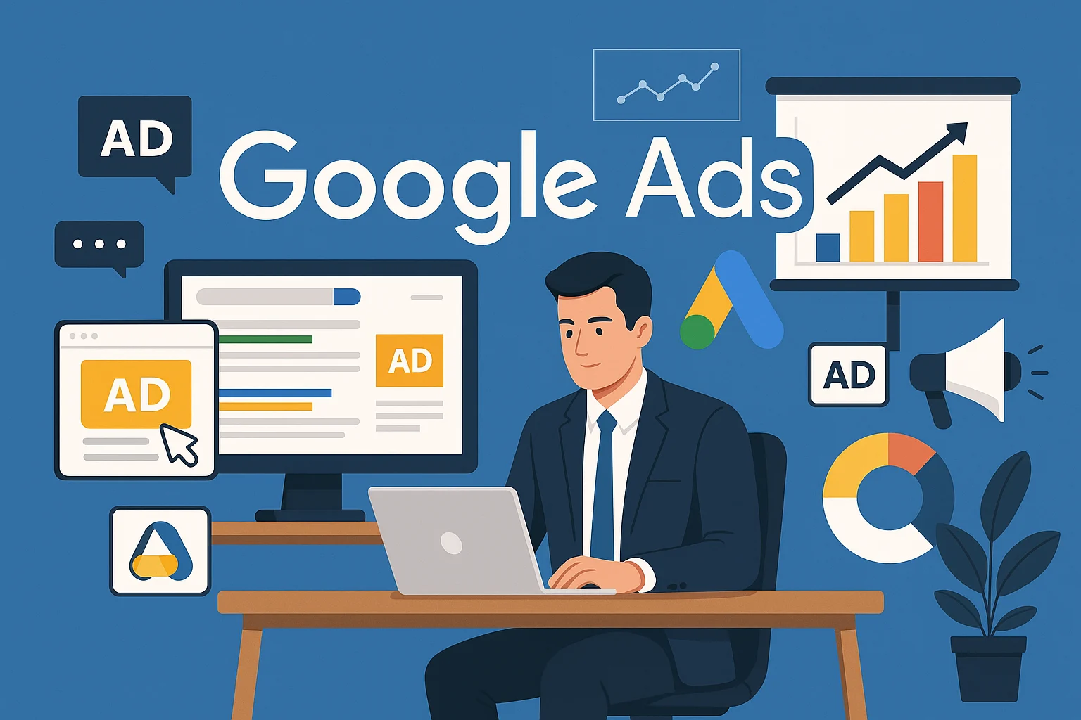 تصویر گرافیکی حرفه‌ای از محیط تبلیغات گوگل، شامل فردی در حال مدیریت کمپین‌ها پشت لپ‌تاپ و نمادهای مرتبط با آگهی، تحلیل داده و رشد عملکرد